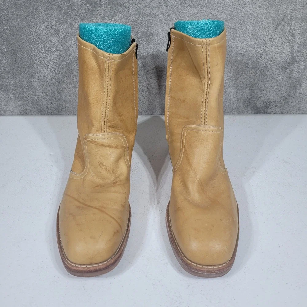 Vintage HY-TEST Mens 12 Tan Anchor Flange Leather Steel Toe Side Zip Boots H732